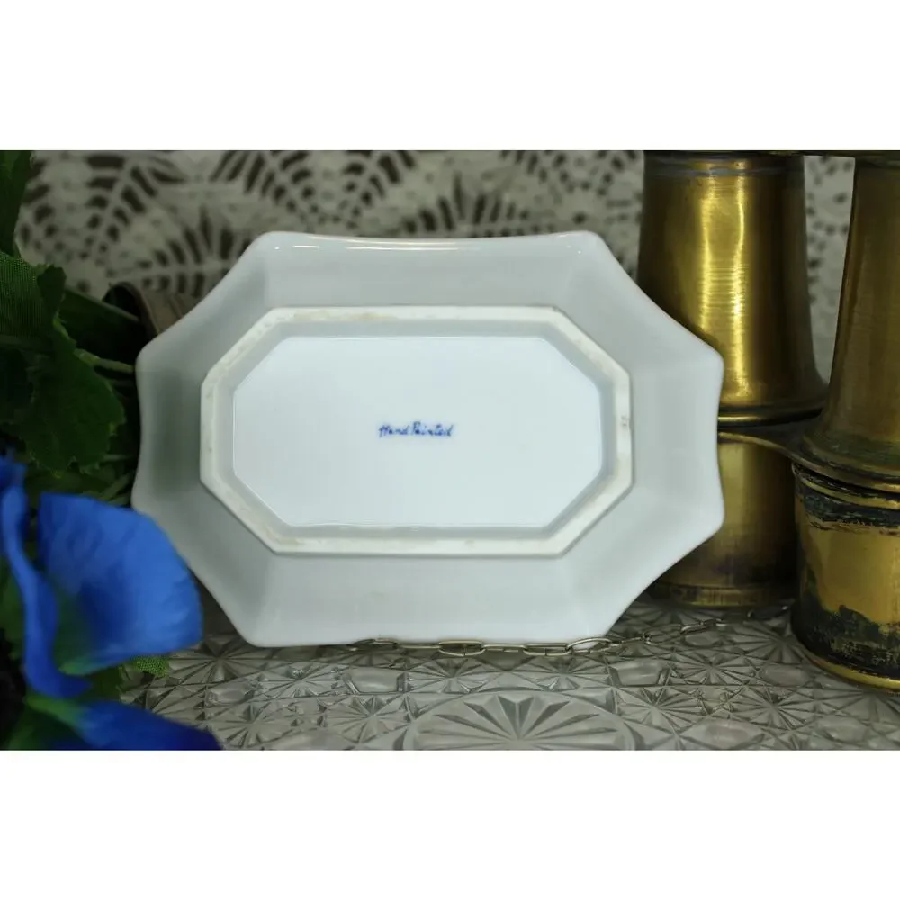 Andre Richard Hand Painted Japan Blue Garden Floral Porcelain Soap Dish